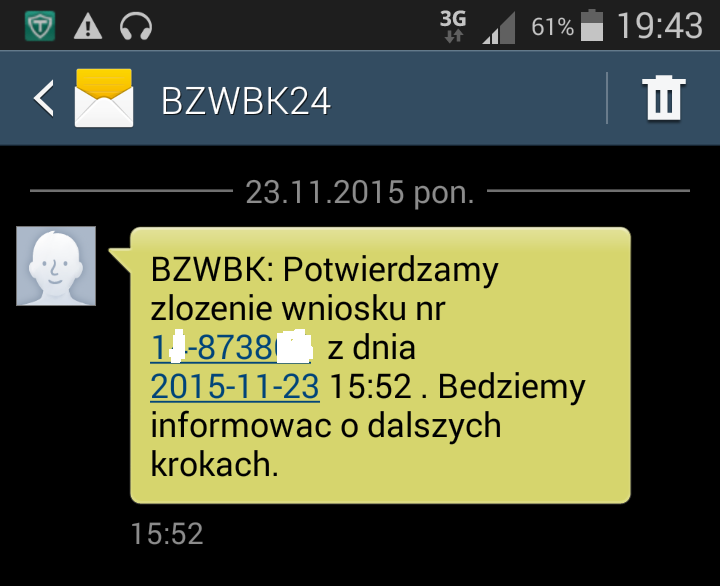 SMS potwierdzający założenie konta w BZ WBK